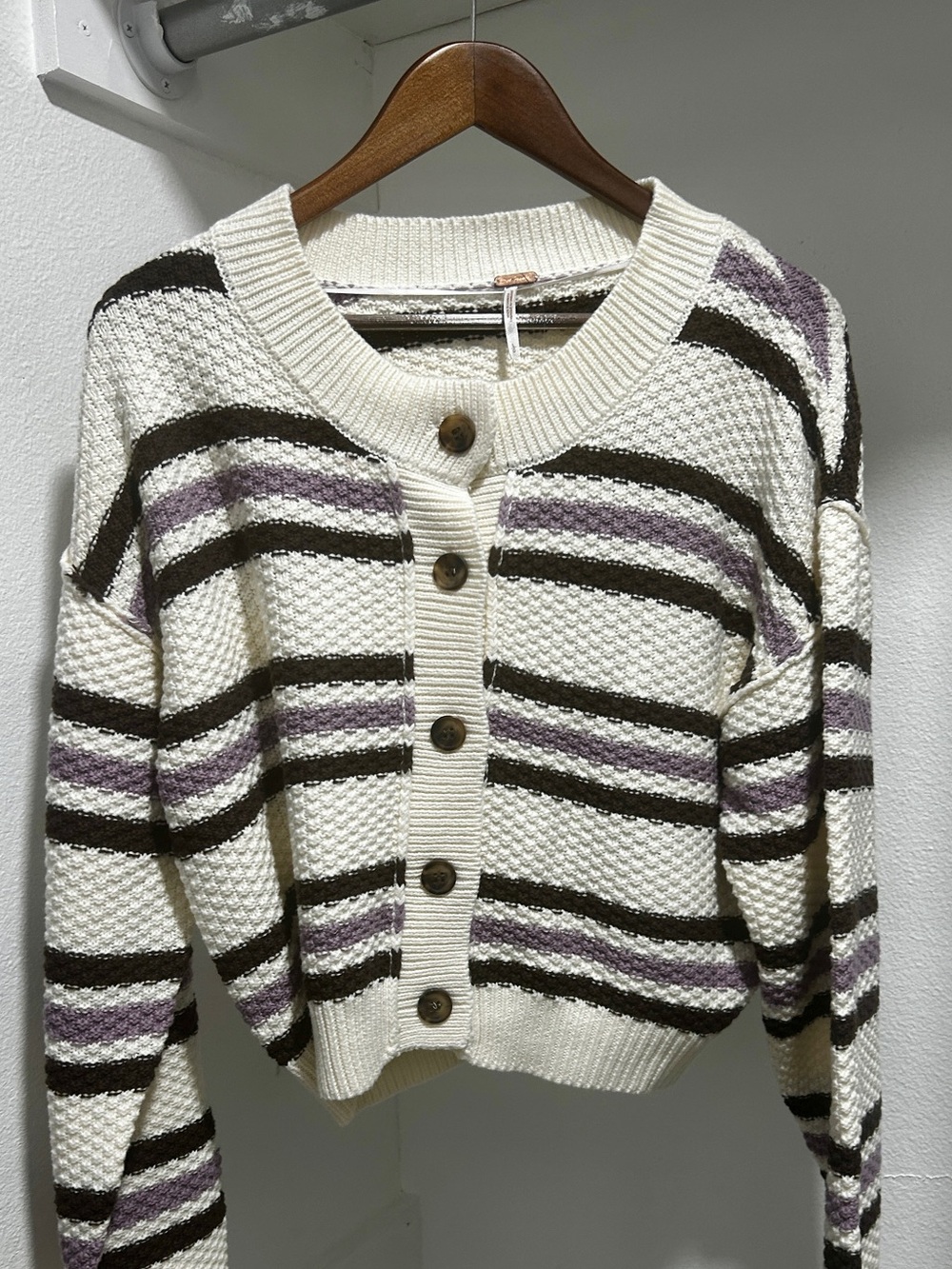 Free People L NWT cardigan Ivory with purple stripes